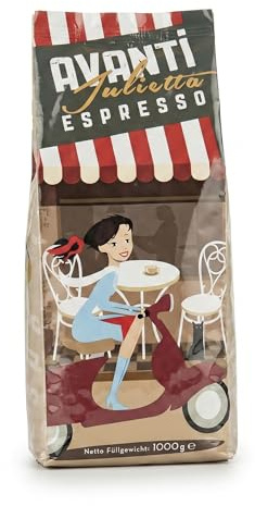 Avanti Espresso Julietta Bohnen, 1er Pack (1 x 1 kg) I Kaffeebohnen Espresso 1kg Kräftig & Säurearm I Feinste Trommelröstung mit Arabica & Robusta Espressobohnen