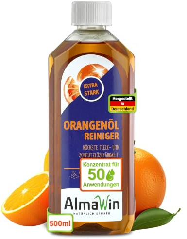 AlmaWin® Orangenöl Reiniger EXTRA STARK [500ml] ideal als starker Allesreiniger & Fettlöser - Veganes Orangenreiniger Konzentrat in recycelter Flasche - Besonders ergiebiger Orangenölreiniger
