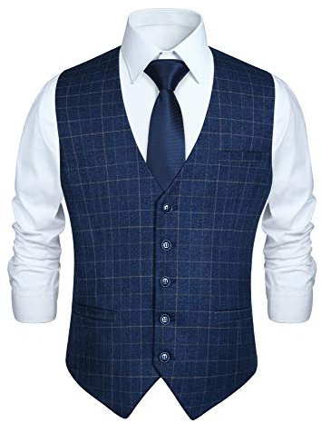 HISDERN Herren Blau formale Hochzeit Party Weste Baumwolle Plaid Check Royal Blue Kleid Anzug Weste 3XL