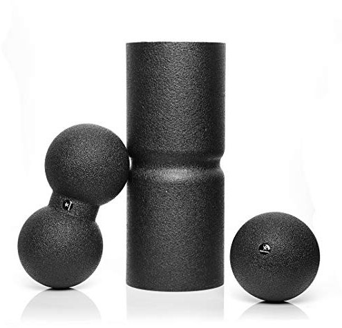 BODYMATE CARE Faszien Set bestehend aus Faszienrolle CARE 35x14cm Mittel-Hart mit umlaufender Rille zu Wirbelsäulen-Entlastung, Single Ball 12cm und DUO-Ball 12x24cm Schwarz mit E-Book