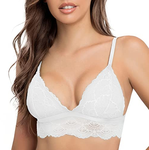 SHEKINI Elegant Bralette Damen Spitze BH ohne Bügel Triangel Spitzen BH Sexy Bustier Gepolsterter Longline Bra Blumen 2 Haken