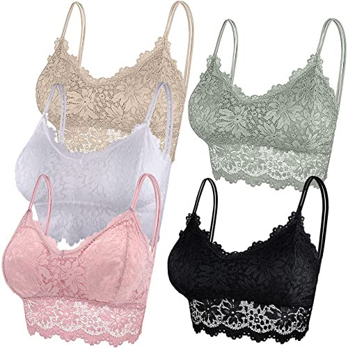 Duufin 5 Pezzi Reggiseno Bralette Pizzo Reggiseno Senza Ferretto per Donna e Ragazze, 5 Colori (Rosa, Bianco, Nero, Cachi, Oliva, L-XL)