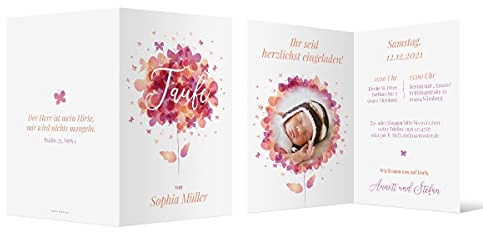 30 x Einladungskarten zur Taufe - Text und Foto einfach individuell selbst gestalten DIN A6 Klappkarten für Mädchen oder Jungen - Schmetterlingen Blume