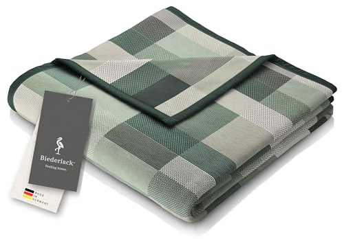 biederlack® Flauschige Wohndecke Color Squares Green, Sofadecke 150x200 cm | Kuscheldecke aus Baumwollmischgewebe, warme Wohndecke, Made in Germany, karierte Couchdecke, OEKO-TEX Made in Green