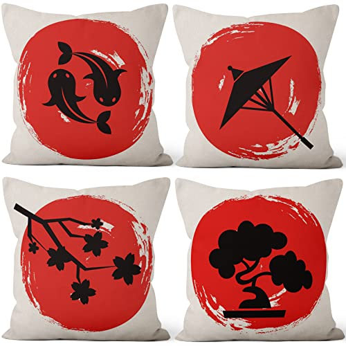 Aoihrraan 41x41cm Confezione Da 4 Copricuscini Divano Stile Giapponese Pesce Fiori Ciliegio Biancheria Quadrata Federe Per Cuscini Decorazione In Lino Giappone Taverna Arredo Casa Sofà Tatami Letto