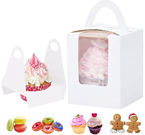 GUIFIER 30 Stück Cupcake Box 1er, Cupcake Boxen Einzeln, Bäckerei Boxen mit Fenster, Kuchenverpackungsboxen mit Griff Muffin Boxen Tortenschachtel Geschenkbox für Hochzeit, Geburtstag, Party (Weiß)
