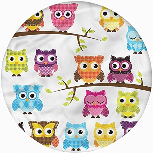 Owls Round Fitted Tablecloth Cover,Birds on Trees Night Forest Elastic Edged Polyester Fitted Table Cover, XLarge, Fit Round Tables up 59-63 Diameter, for Christmas Wedding Party Dining Banquet