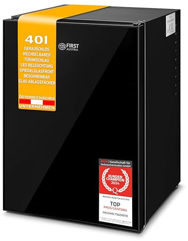 TZS First Austria - Mini Kühlschrank 40L lautlos - Kleiner Minikühlschrank wechselbarer Türanschlag & Innenbeleuchtung - Minibar für Camping, Büro, Schlafzimmer & Hotel - Glasfront