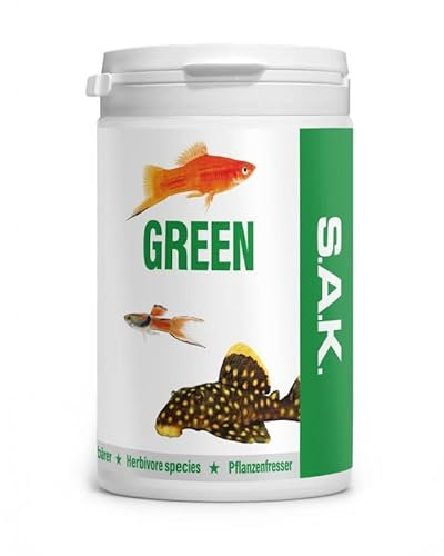 S.A.K. Green - Alleinfuttermittel für alle Zierfischarten, die einen Anteil an pflanzlichen Komponenten verlangen. Granulat 400 g (1000 ml) Granulatgröße 0 Körnung 0.04-0.6 mm - Fischgröße 2-3 cm