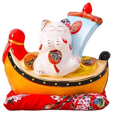 Mkuha Maneki Neko Glückskatze Glücksbringer Spardose aus Porzellan, Keramisch Statuette für Zuhause Büro und Laden Dekoration, 15x10x15cm/5.9x3.9x5.9inch,Boat