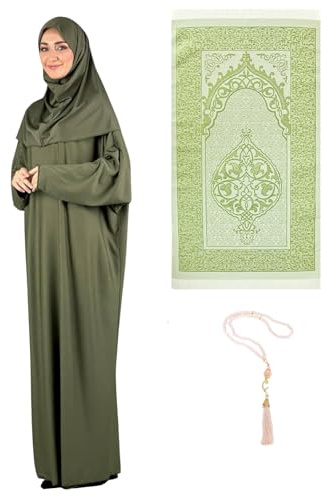 Prien Vestito da Preghiera Donna con Tappeto Hijab Tasbih Musulmano Set Abito Islamico Abaya Jilbab Dubai Caftano per Eid Ramadan (IT, Testo, Taglia Unica, Regular, Regular, Cachi)