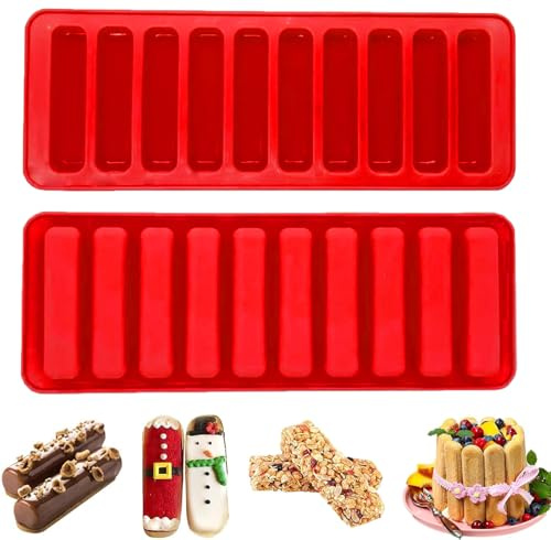 2 stycken muffinsformar i silikon för flingor – rektangulär energibar-form med 10 tråg – non-stick beläggning – perfekt för choklad, bröd, muffin, brownie och ostkaka (oxblodröd)