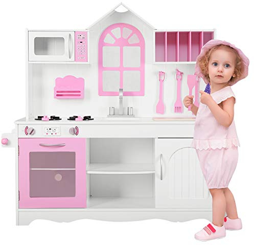 COSTWAY Cocina de Juguete para Niños, Cocinita Infantil de Madera de Imitación con Accesorios de Utensilios de Cocina, Set de Cocina de Madera para Cocinar para Niños