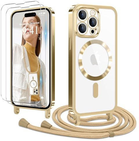Ethanger für iPhone 15 Pro Hülle mit Band + 2 Schutzfolie, Gold