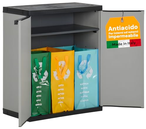 Avilia Set Mobiletto per Raccolta Differenziata 2 Ante con Borse Lavabili - Armadio Porta Sacchi, in Plastica Resistente alle Intemperie, per Interni ed Esterni, con 3 Sacchi PVC Inclusi, 68x39.5x85cm