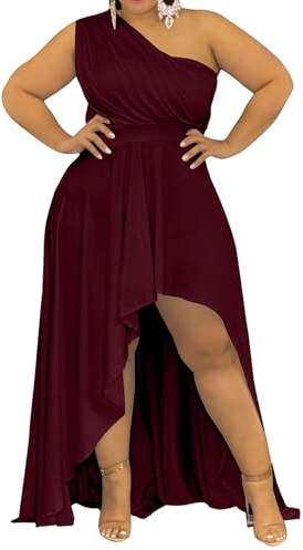 Ekaliy Women's Plus Size One Shoulder Asymmetrical Dress Elegant High Low Maxi Dress for Wedding Guest Burgundy XL