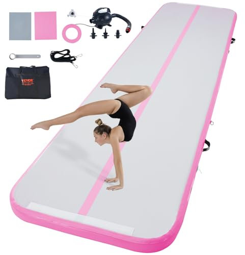 VEVOR Tapis de Gymnastique Gonflable 10 cm Épaisseur, Piste d’Acrobatie avec Pompe Électrique, Tapis d'Entraînement pour Usage Domestique/Salle de Sport/Yoga/Cheerleading/Plage/Parc/Eau, 4 m, Rose