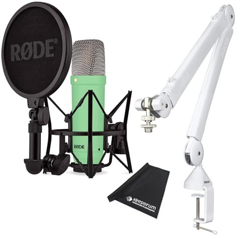 Rode NT1 Signature Green Studio-Mikrofon Grün + PSA1 W Plus Gelenkarm-Stativ White + keepdrum Mikrofasertuch