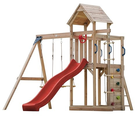 AXI Moos Casetta in Legno Bimbi Completa, 2 Altalene, Scivolo Rosso, Scala di corda/Parco giochi all'aperto con Altalene/Sabbiera/Muro di Arrampicata | Casetta in legno da esterno su palafitte