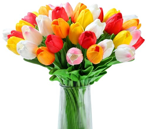 AWARDSEN 20 Pcs Tulips Artificial Flowers 14 PU Real Touch Fake Tulips for Spring Easter Decor Home Living Room Wedding Centerpiece Bouquet Mother's Gift Day Decotationgs (Colorful)