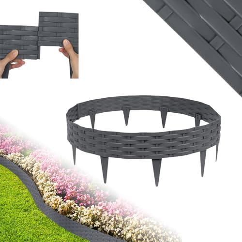 MAYTIIMO 10m Flexible Rasenkante aus Kunststoff in Rattan-Optik, Beetumrandung Beeteinfassung Beetbegrenzung Gartenpalisade Mähkante für Garten Wege (10er-Set, Anthrazit)
