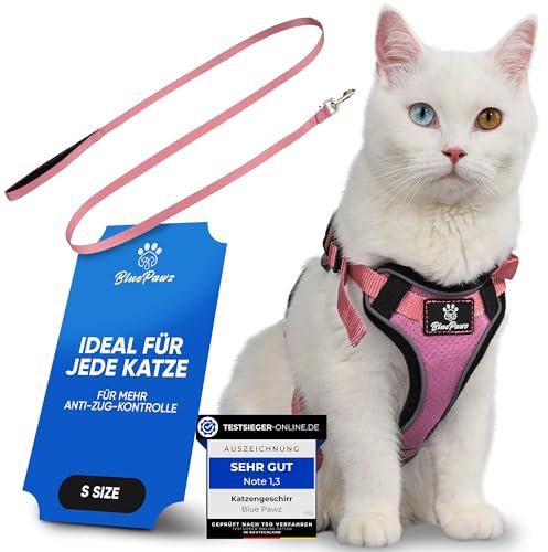 Blue Pawz Katzengeschirr mit Leine - 170cm | Katzengeschirr ausbruchsicher & hochwertig | Katzenleine mit Geschirr für Katzen | Katzen Geschirr für unvergessliche Momente (S), Rosa