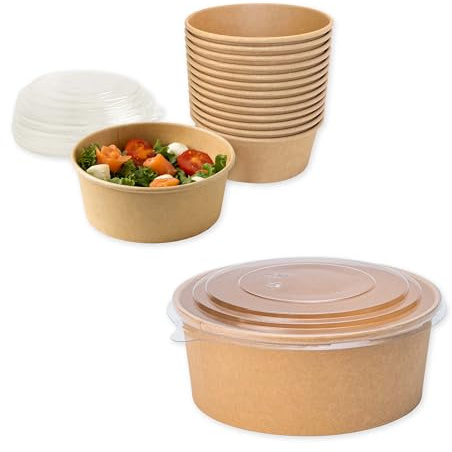 ECOPICNIC Ensaladeras Redondas de Papel Kraft con Tapa PET 300 unidades 750 ml | Cuencos desechables de cartón kraft con tapa, ideales para ensaladas, sopas, aperitivos y alimentos para llevar