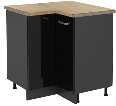 Vicco Eckunterschrank R-Line, Schwarz Hochglanz, 75.6 cm | Verbindet zwei Küchenseiten · AP Eiche inkl. · Höhenverstellbare Füße · 1 Einlegeboden · 1 Tür