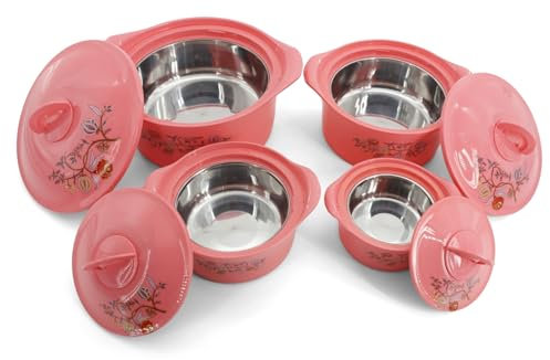 Termisk kastrullset med lock, 4 krukor, 2,5 l/1,5 l/1 l/600 ml – termoskålset i rostfritt stål – varmhållningsbehållare, salladsskål med lock, för ånga – termoskålar för varma rätter. (röd)