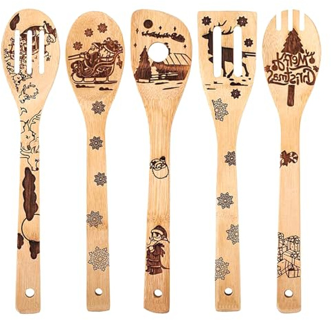 Sxutop 5 Stück Weihnachts Bambus Pfannenwender Set Bambus Küchenutensilien Weihnachts Bambuslöffel Koch Utensilien bambus Küchenhelfer Schnitzen für Kochen, Weihnachten & Einweihungs Geschenke