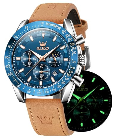 OLEVS Reloj de Cuarzo para Hombre Multifuncional Cronógrafo Correa de Cuero Marrón Impermeable Deportivo Luz Nocturna Reloj Elegante con Calendario, Moderno