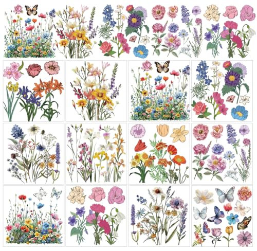 AHANDMAKER 12 Sheets Wildflower Bush Rub on Transfers for Crafts, Wildflower Butterfly Rub on Transfer Stickers, Butterfly Floral Rub on Decals for Glass Wood Paper Furniture DIY Home Decor, 5.5x5.5