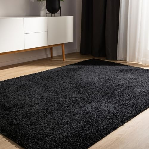 benuta Basic Hochflorteppich Teppich Wohnzimmer Sohari - Schwarz 80x150 cm - Minimalistischer Look - Weich & Waschbar - Für Schlafzimmer, Flur oder Esszimmer - Geeignet für Fußbodenheizung