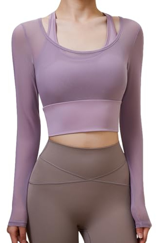 Harssidanzar 2 en 1 Yoga de Manga Larga para Las Mujeres de Malla Gimnasio Athletic Tops Workout Camisetas con Soporte Medio Sujetador Deportivo CL301EU, Violet, Talla L