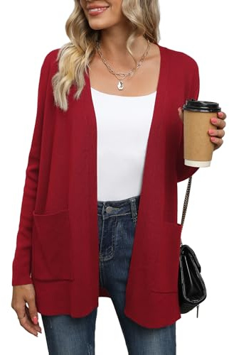 Yommay Chaqueta de punto para mujer elegante, estilo informal y ligero, de manga larga para otoño, con bolsillos, rojo, XXL