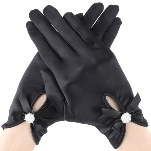 Yolev Short Satin Gloves Wrist Length Gloves Women's Gown Gloves Opera Bridal Banquet Dress Glove for Wedding Opera Party (Black)