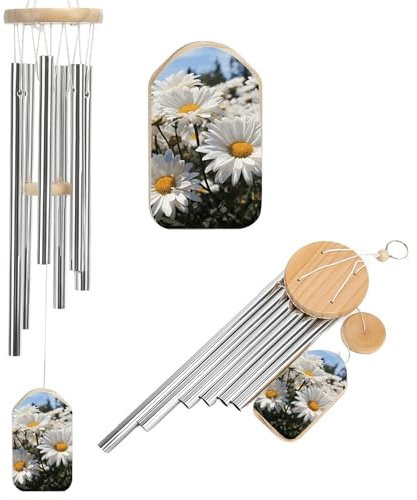Windspiel mit wilden weißen Gänseblümchen für draußen, einzigartige Aluminiumröhren, Gedenk-Windglocke, groß, tiefer Ton, Windspiel für Terrasse, Garten, Dekoration, Geschenk für Mutter, Frauen,