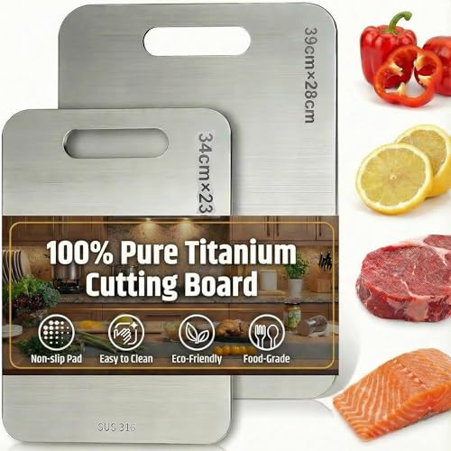 2 Pack Titanium Cutting Board, Stainless Steel Cutting Board for Kitchen, Titanium Chopping Board with Kitchen Sponge & Rotary Peeler, Double-Sided 304 Chopping Board for Meat(39x28cm,34x23cm)