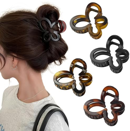 Ypkia 4 Stück Schmetterling Haarklammer Mittelgroß Schwarz Schildpatt Haarspangen Damen Für Frauen Dickes Und Dünnes Haar-Accessoire (7cm)