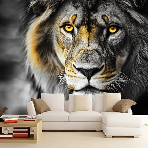 Papiers peints 300 x 210 cm Revêtement mural décoration pour chambre salon Gros plan noir et blanc de lion Design unique et moderne panoramique Murale 3D Brun