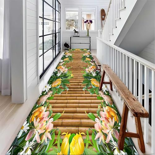 MUOUCTE Runner Hallway Rug, 60x120cm Colorful 3D Floral Bedroom Rugs, Brown Bamboo Plant Interior Decoration Floor Mat, Foldable Wrinkle Free Carpet for Living Room Balcony Entrance