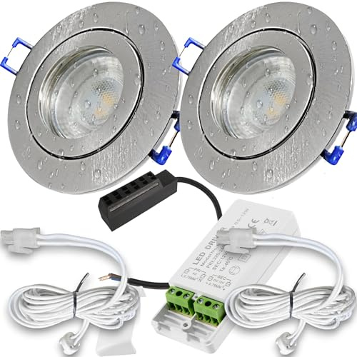 LED Decken Einbauspots 2er Set –, IP44, Feuchträume, Niederspannung 12V, 400 Lumen, Warmweiß, 5W, Rund, inkl. Netzteil & 120cm Zuleitung mit AMP Stecker. Bad, Dusche, Küche, überdachter Aussenbereich