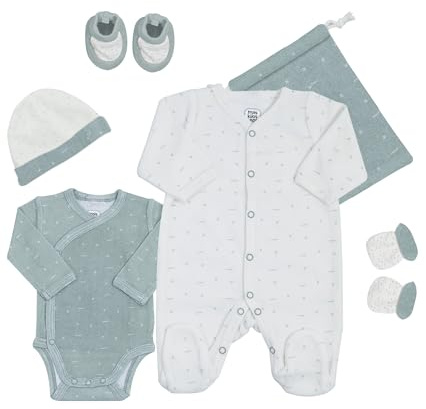 Trois Kilos Sept - Kit Naissance - Vêtements Bébé - 6 Pièces en Velours - Ensemble Unisexe avec Pyjama, Body, Bonnet, Chaussons et Moufles - Sac de Rangement Inclus - 0 Mois, Vert Sauge