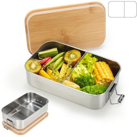 VINATO Fiambrera Acero Inoxidable 1000ml, Lunch Box Hermética con Compartimento, Bento Box para Oficina, Escuela y Viajes, Fiambrera de Acero Inoxidable Ligera y Antifugas