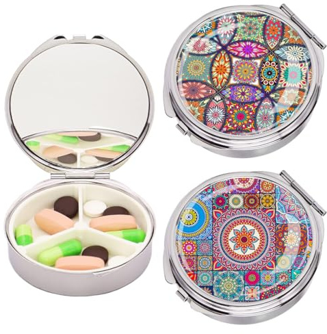JEYORZY 2 Stück Pillendose Klein mit Spiegel, elegante Reise-Pillendose, 3-Fach-Medizindose, metallene Runddose zum Aufbewahren