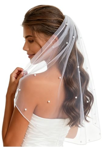 Nanchor Bridal Veil Women's Simple Tulle Short Wedding Veil Satin Edge With Comb for Wedding Bachelorette Party, White With Pearl, Medium