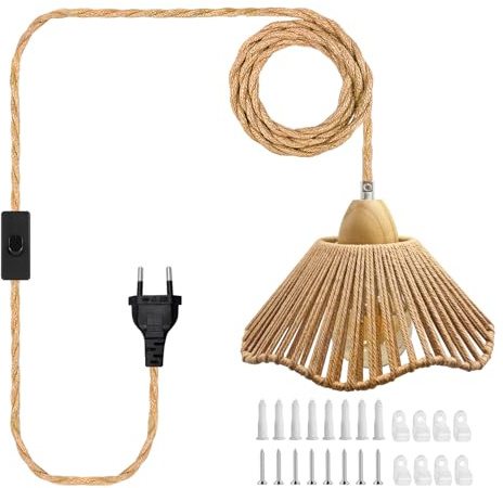 LAKONEI 510 CM Kit de Lámpara Colgante de Cuerda de Cáñamo con EU Enchufe, Lámpara de Araña con Pantalla de Cuerda de Cáñamo Tejida a Mano, Portalámparas de E26 E27 Boho Lámparas Colgantes DIY