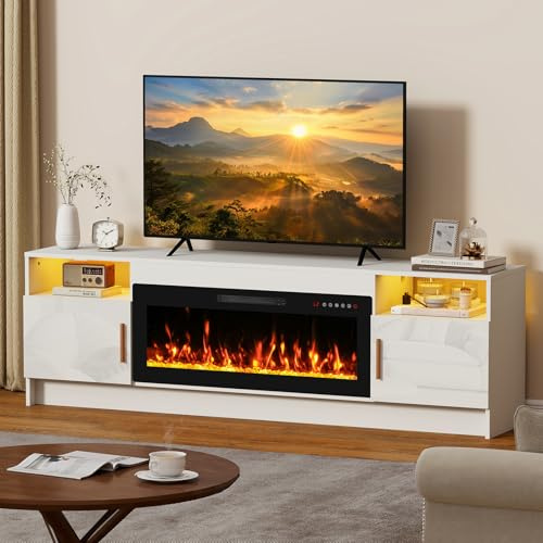 70 Inch Electric Fireplace TV Stand with 36 Inch Fireplace for up to 80 Inch TVs, 12 Flame Colors & 20-Color LED Lights, with Extra Large Storage Space, UKCA Certified for UK Living Rooms, White