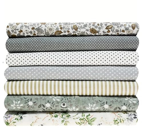 Gorsmoon 7er Set Baumwollstoff Grau 50x50cm – Stoffpaket mit Mustern, Punkten & Streifen – Hochdichter Baumwollstoff zum Nähen, Patchwork & Quilten für DIY-Projekte (Grey Print Mix, 50x50cm)