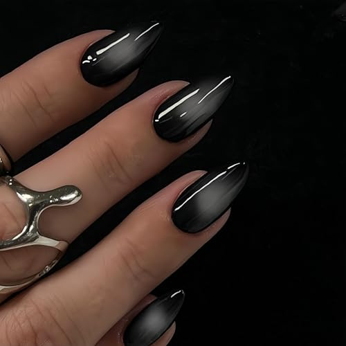 KQueenest French Press on Nails Mandel – Ombré Weiß Schwarz Nägel zum Aufkleben Mandel Mittel, French Fake Nails Gradient, Full Cover Künstliche Nägel Set für Frauen, 24 Stück